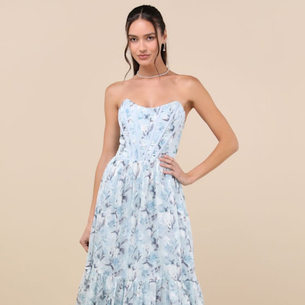 Lulus Special Moment Light Blue Floral Strapless Bustier Maxi Dress - Size L